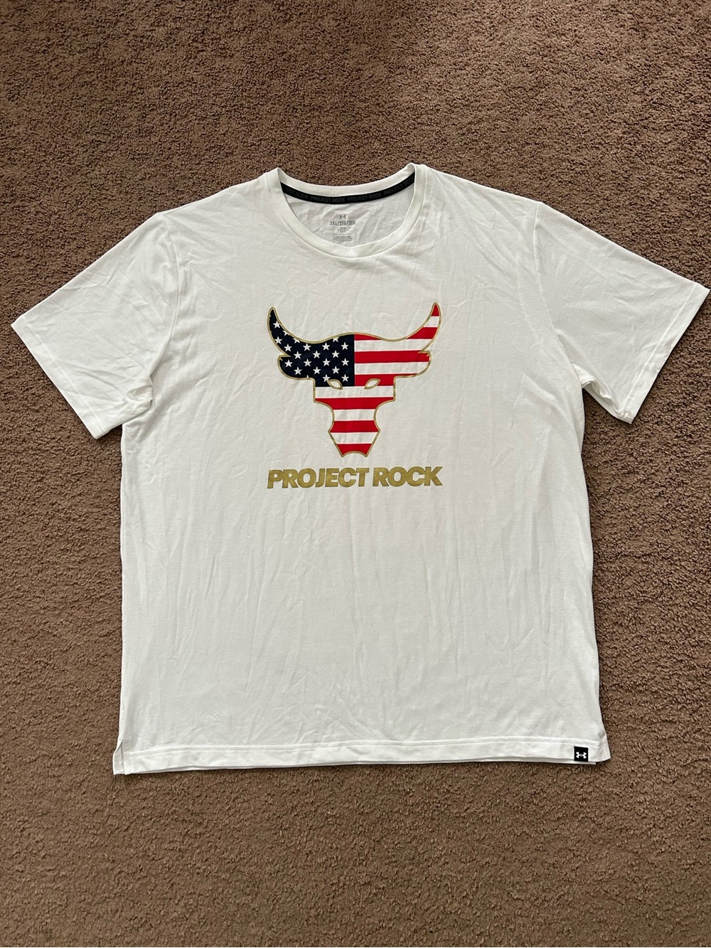 UA Project Rock Men’s White American Flag Brahma Bull White T‑Shirt size XXL